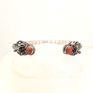 Vintage Chinese Sterling Coral Dragon Head Cuff Bracelet